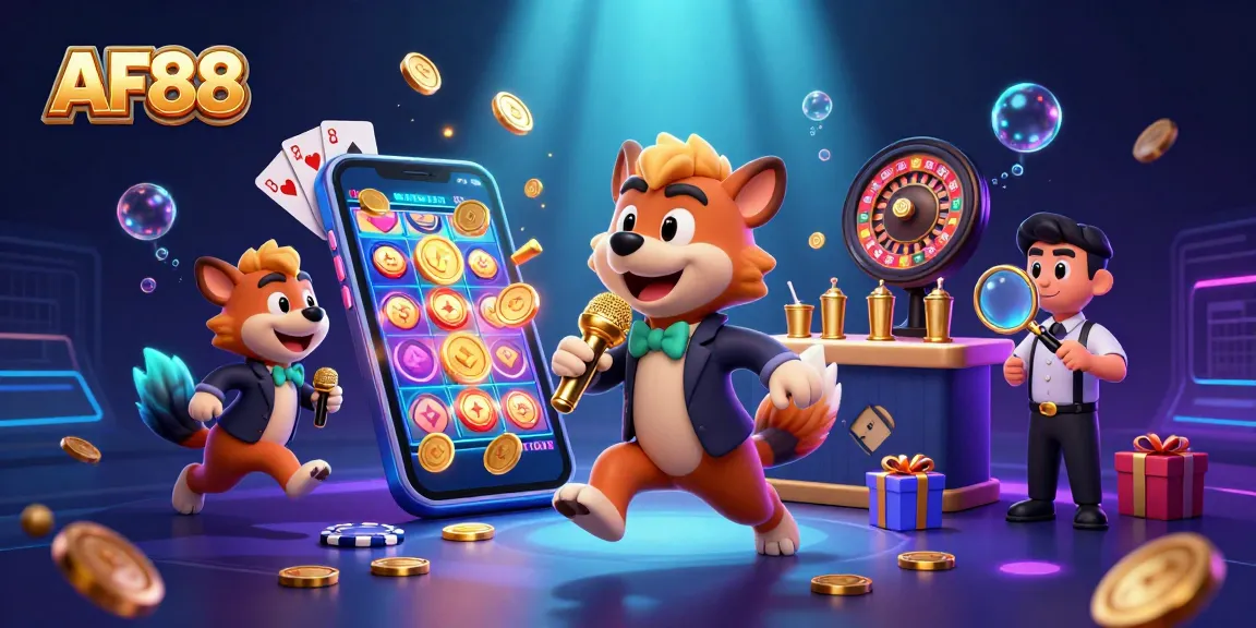 Engaging AF88 casino illustration featuring animated hyenas in a vibrant comedy club setting.