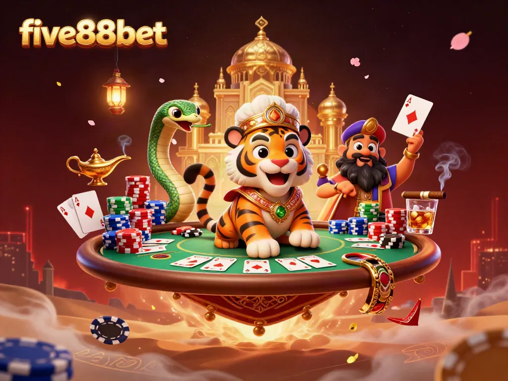 Experience high-stakes gaming excitement at five88bet with a lavish Arabian Nights scene featuring a sultan and poker elements.