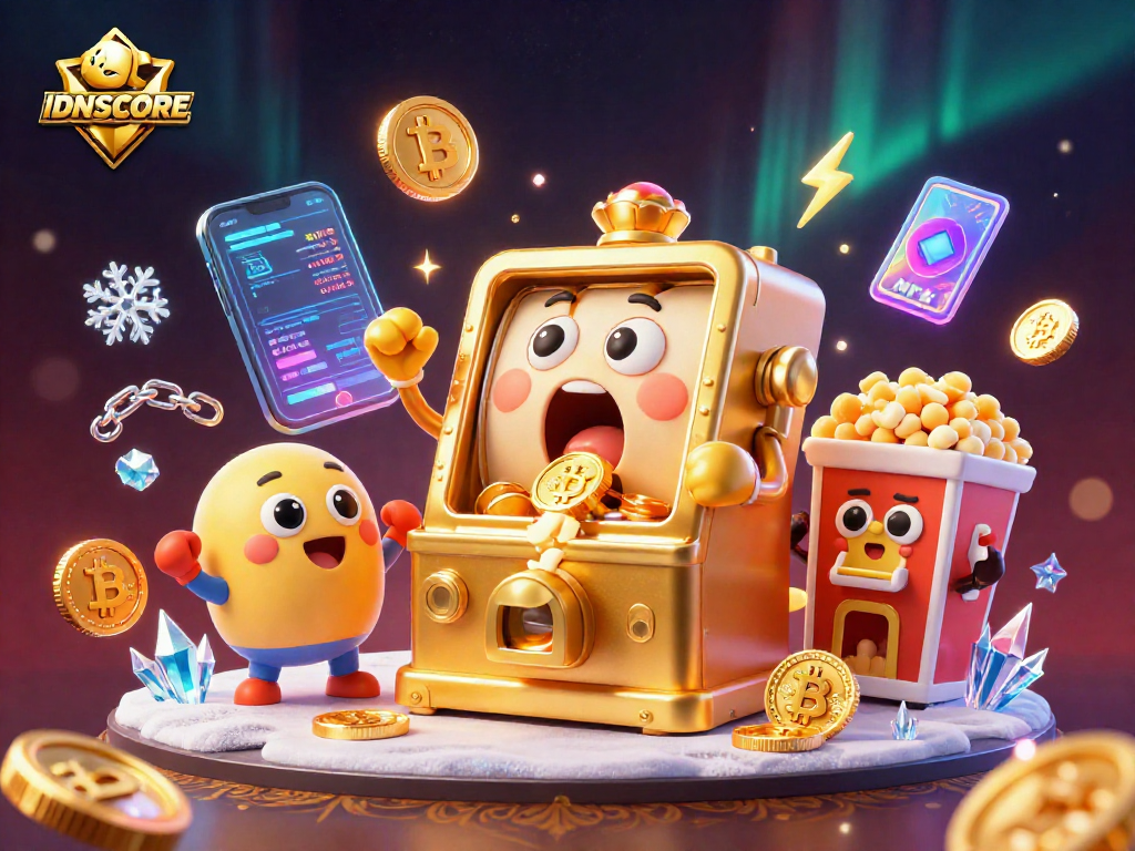 IDNSCORE engages players with a vibrant jackpot scene featuring cheering slot machines, coins, and crypto elements.