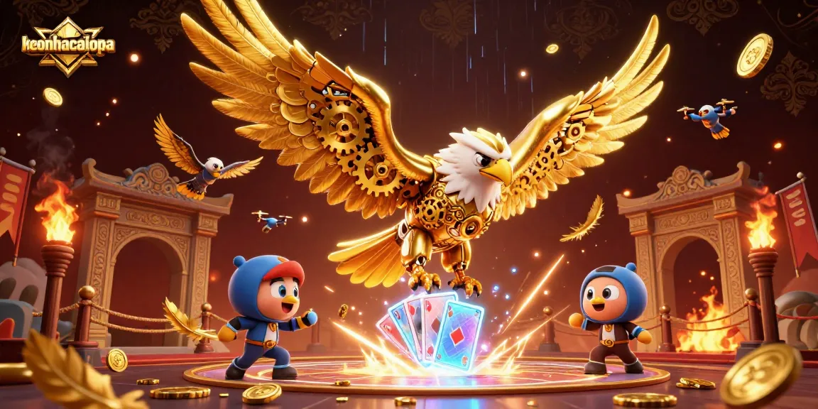 Engage with keonhacaicopa in an exciting betting scene featuring a cybernetic eagle amid neon holographic cards.