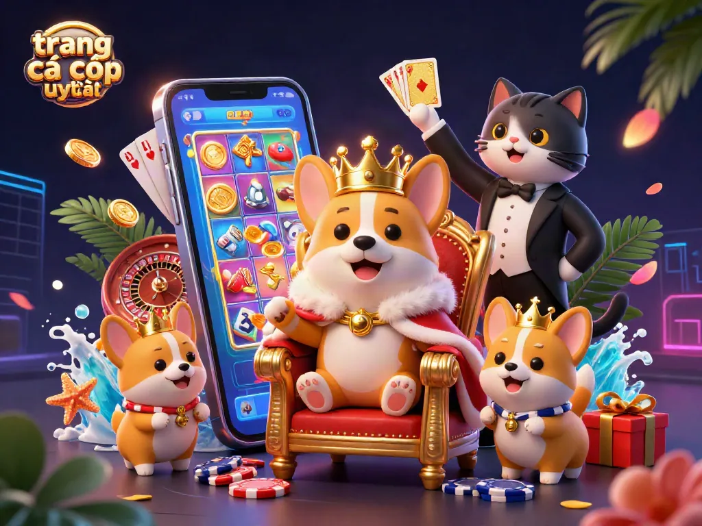 Trải nghiệm trang cá cược uy tín với hình ảnh corgi triệu phú và các yếu tố game hấp dẫn.