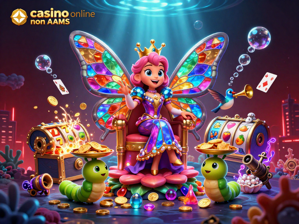 Dettagliata illustrazione 3D di casino online non AAMS con una regina farfalla e simboli delle slot