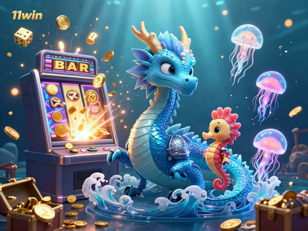 Experience the thrill of 11win with a dynamic 3D casino scene featuring a dragon, slot machine, and colorful elements.