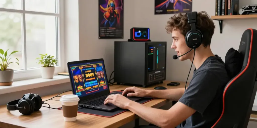 Engaged player enjoying https://ku88vt.com/ slot games in a cozy setup