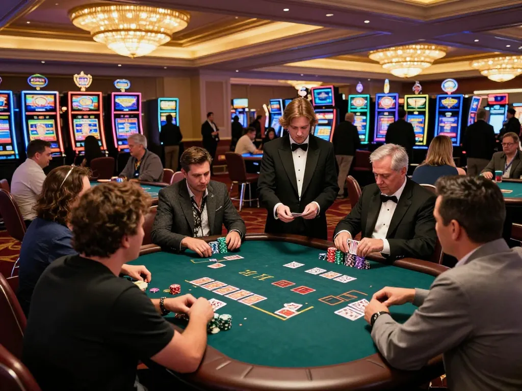 Các người chơi LUCK8 tại một bàn blackjack đông đúc đang lên chiến lược cho những nước đi tiếp theo của họ trong một sòng bạc sôi động.