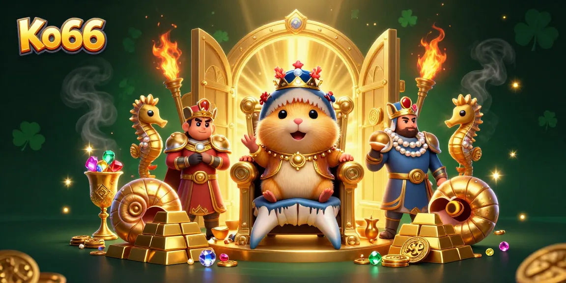 Experience thrilling moments at Ko66 with a fierce golden hamster king surrounded by wealth and vibrant excitement.