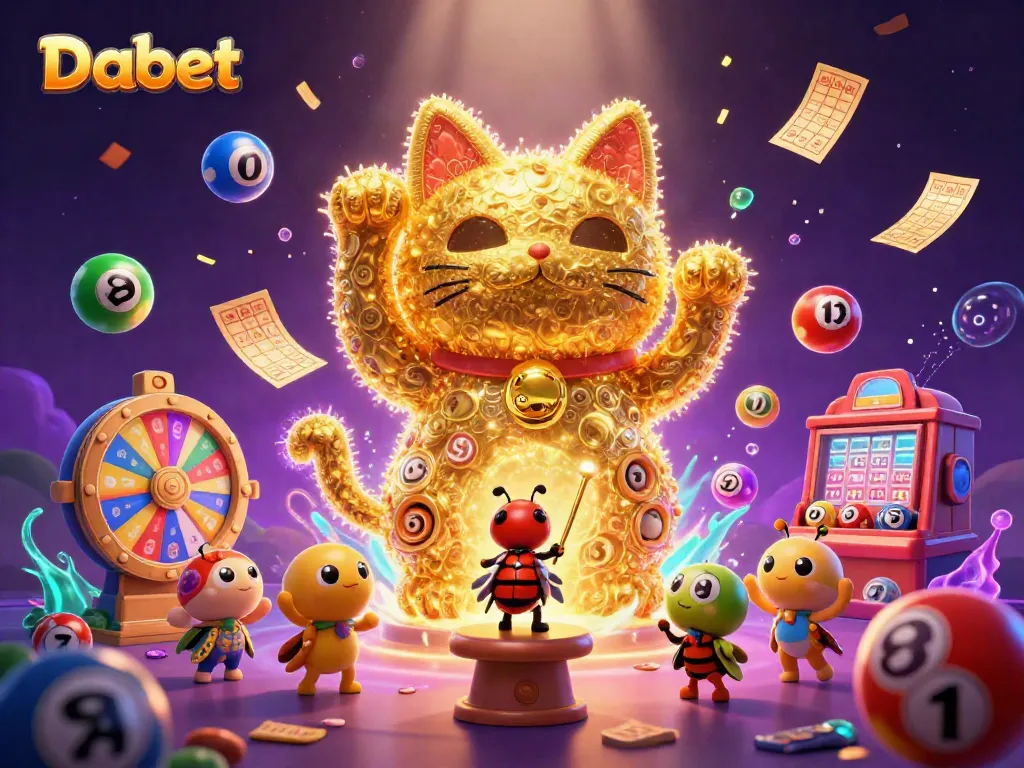 Dabet's golden firefly lucky cat illustration with vibrant casino elements in an enchanting scene.