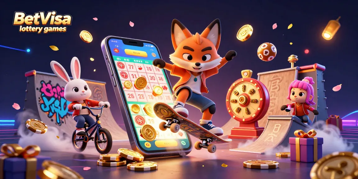 Win big with BetVisa lottery games, featuring dynamic characters and vibrant gaming elements.