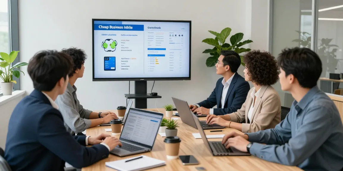 Team discussing cheap business mobile deals in a modern office setting with laptops and data displayed.