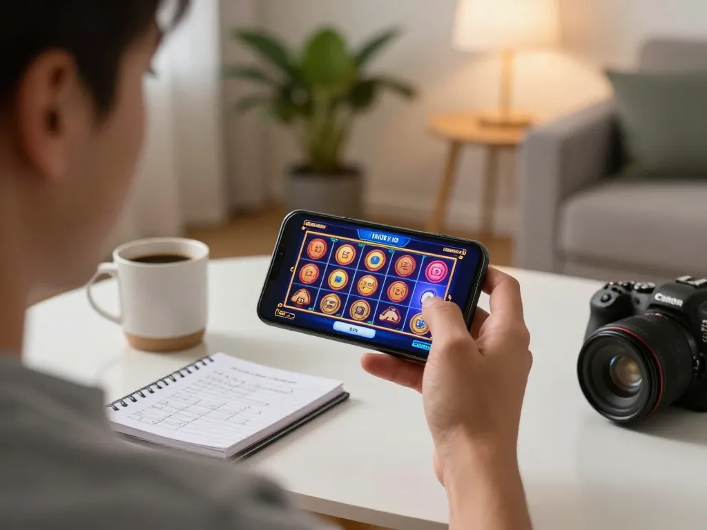 Player utilizing a smartphone with votekindness app for responsible gambling strategy in cozy home.