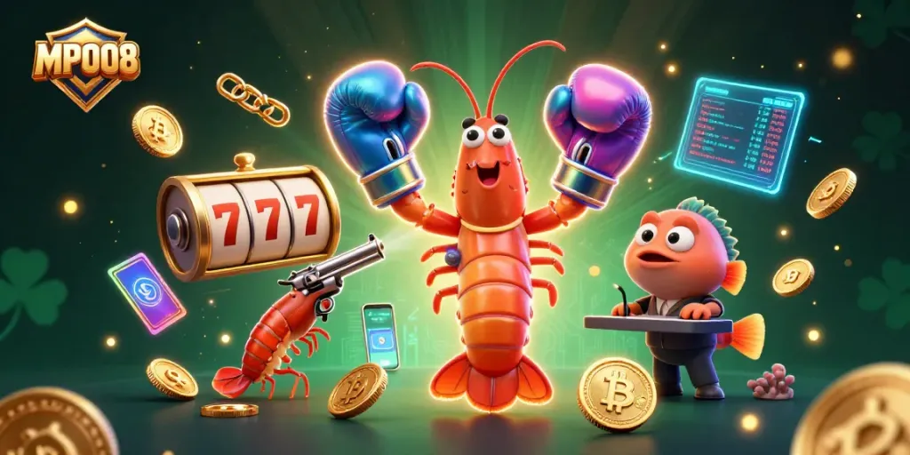 MPO08 slots explosion with colorful characters and casino symbols in an energetic digital scene