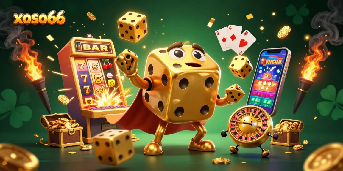 Experience winning thrills at xoso66 with a golden dice golem, slot machine, and jackpot bursts.