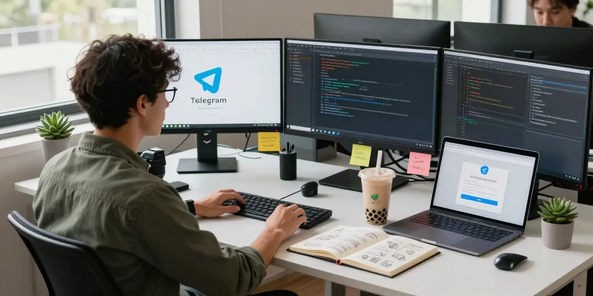 Professional workspace illustrating the process of Telegram下载 with a young developer focused on coding and app design.