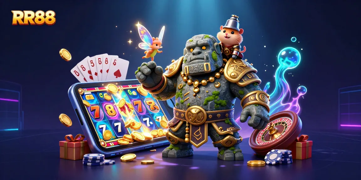 RR88 offers a vibrant casino experience with a golem guardian and enchanting fairy in a 3D gambling scene.