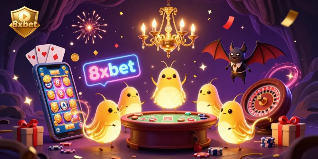 Immerse in the vibrant casino world of 8xbet, lit by glowing glowworms and a bat dealer amid festive games.