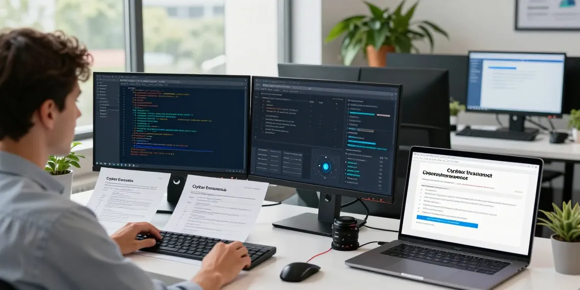 Cyber Essentials insurance review in a modern office, showcasing compliance tools and security dashboard.
