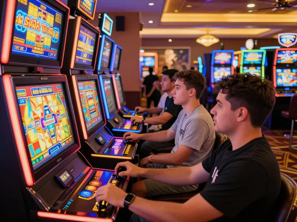 SLOT88 players enjoying vibrant slot machines at a bustling casino.