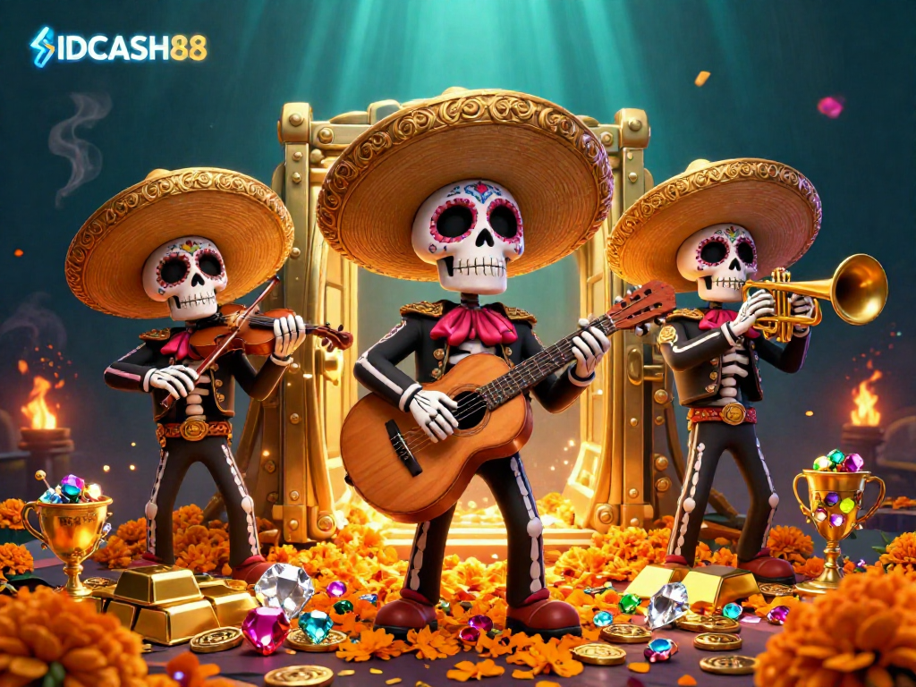 Experience the vibrant celebration of culture and wealth in IDCASH88 with a mariachi band surrounded by treasure.