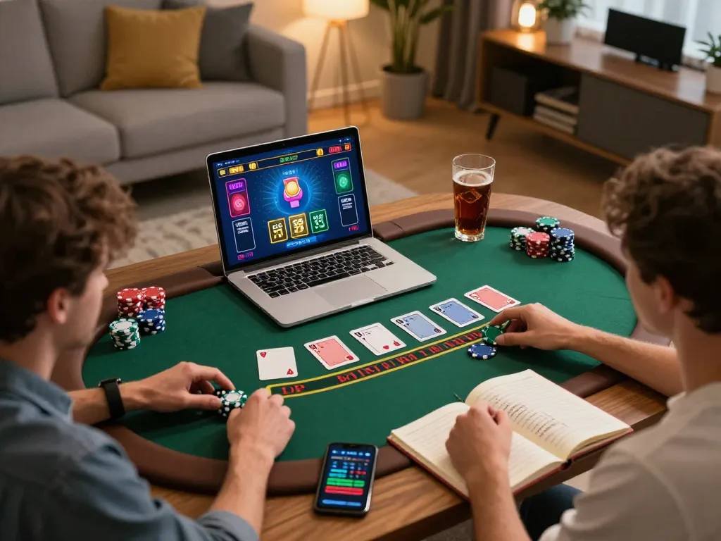 Players enjoying an online blackjack session at home with highpointawards showing engaging gameplay and strategic insights.