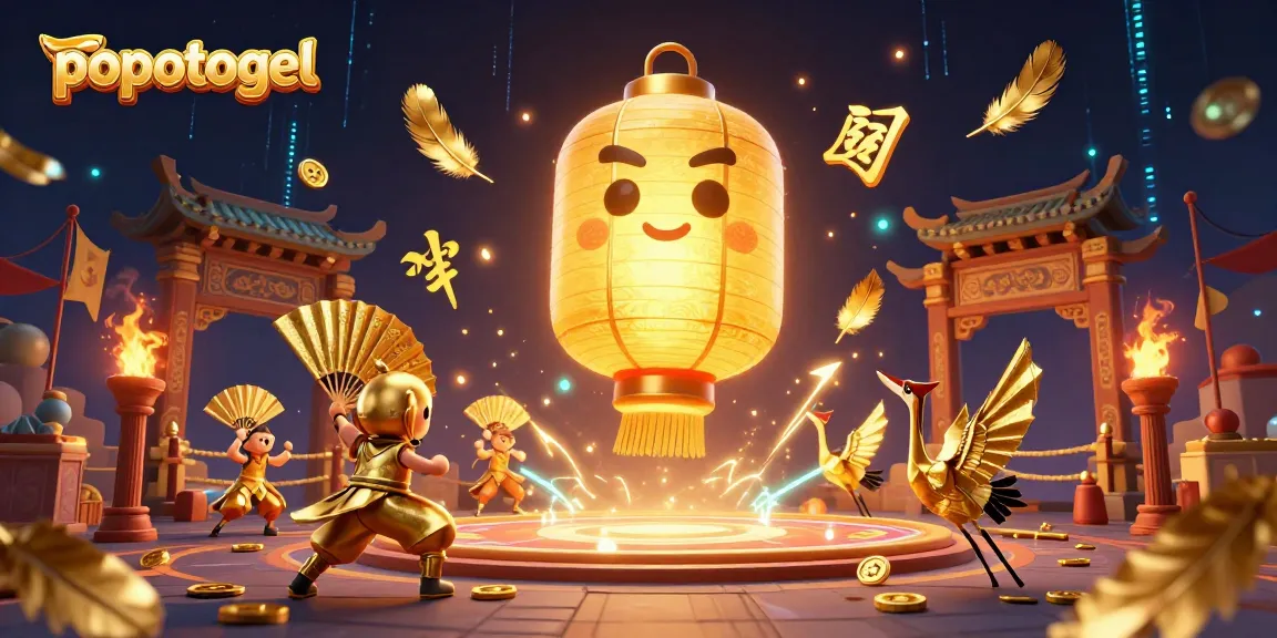 Experience popotogel's immersive gambling scene with a golden lantern spirit and myriads of casino elements.