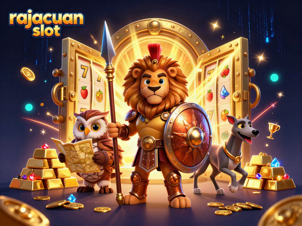 Play rajacuan slot with vibrant 3D characters amidst a wealth of treasures and slot elements.