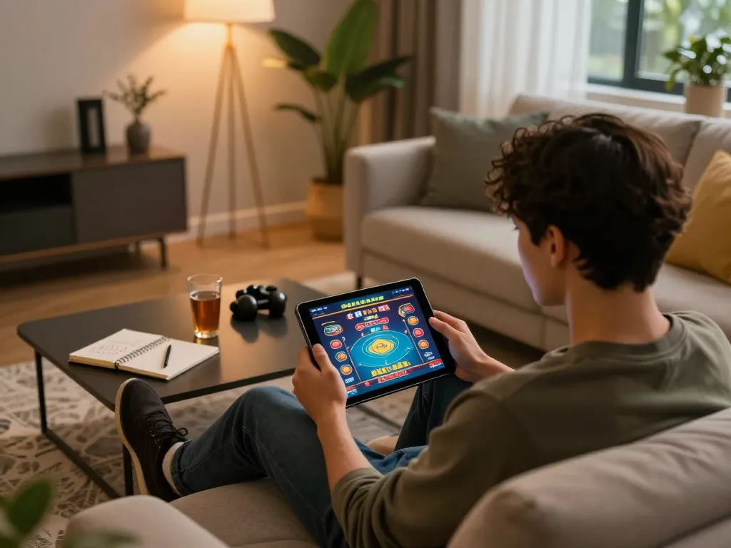 Engaged gamer using tablet for Witte Home Solutions while strategizing for responsible online betting.