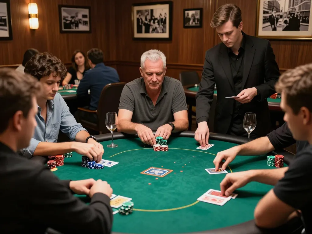 Schoeneck Hotel poker room with players engaged in high-stakes games, showcasing strategic gameplay.