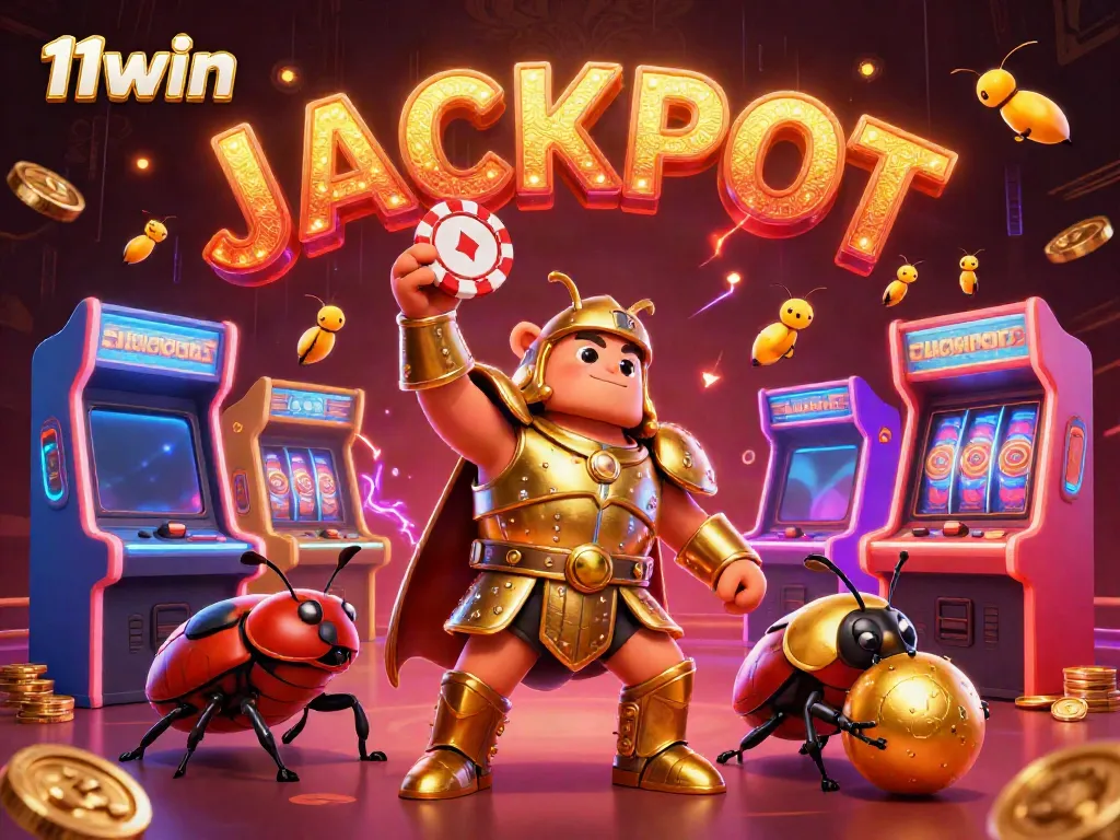 11win casino features a victorious hercules beetle in golden armor and vibrant game elements celebrating jackpots.