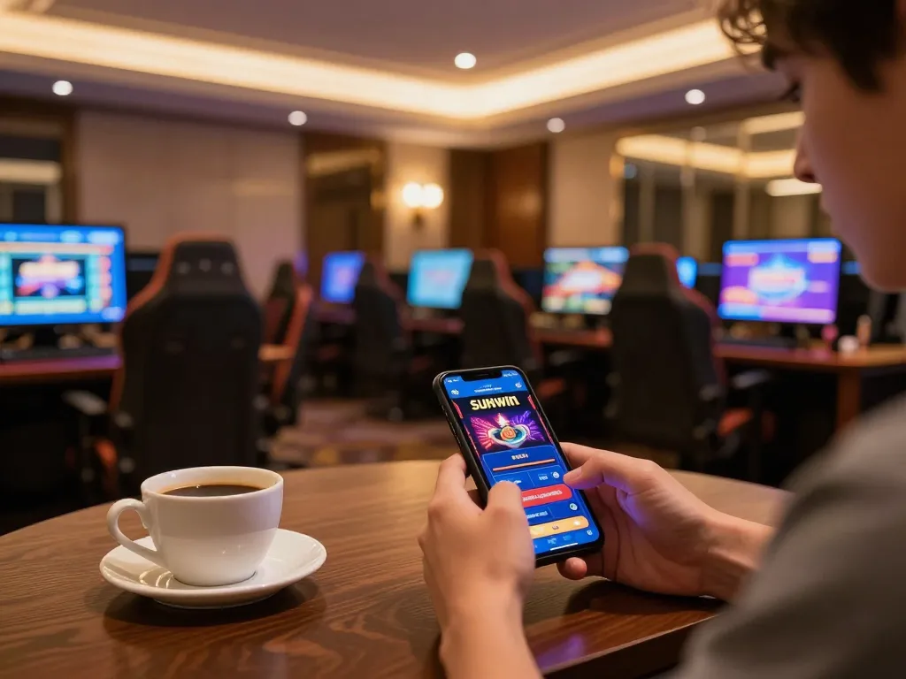 Sunwin player engaging with mobile casino app, showcasing dynamic online gaming experience.
