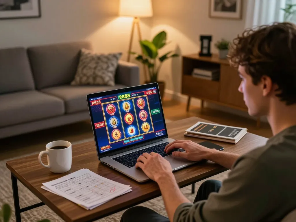 Engaged player enjoying RR88 online casino slots with strategy notes in cozy living room setting.