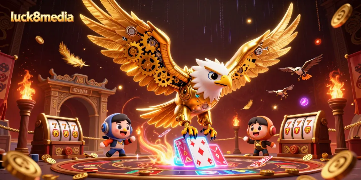 Experience the thrill of luck8media with a stunning 3D casino-themed illustration of an eagle over playing cards.
