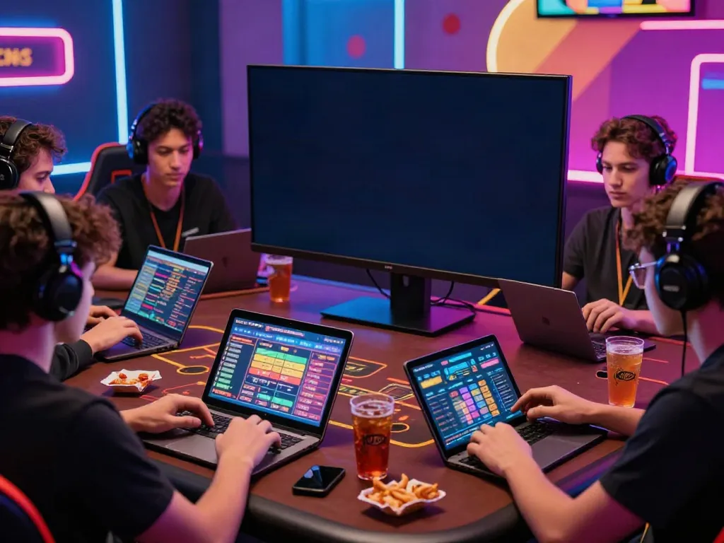 Friends enjoying online gaming at https://five88bet.org/ with vibrant atmosphere and digital devices.