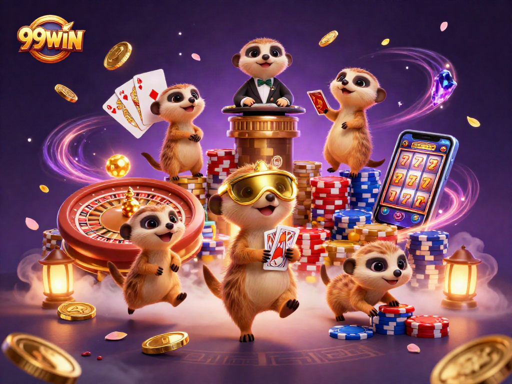 Engage with 99WIN's immersive gambling experience featuring lively meerkats managing a casino.