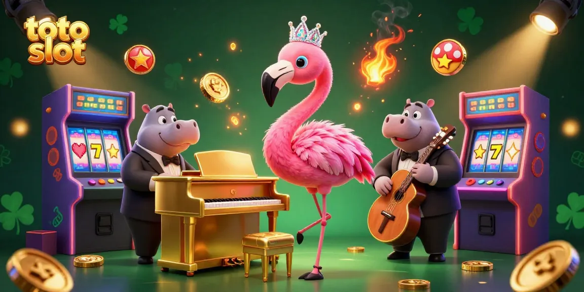 Experience thrilling toto slot games with a vibrant scene featuring a flamingo singer and hippo bassist.