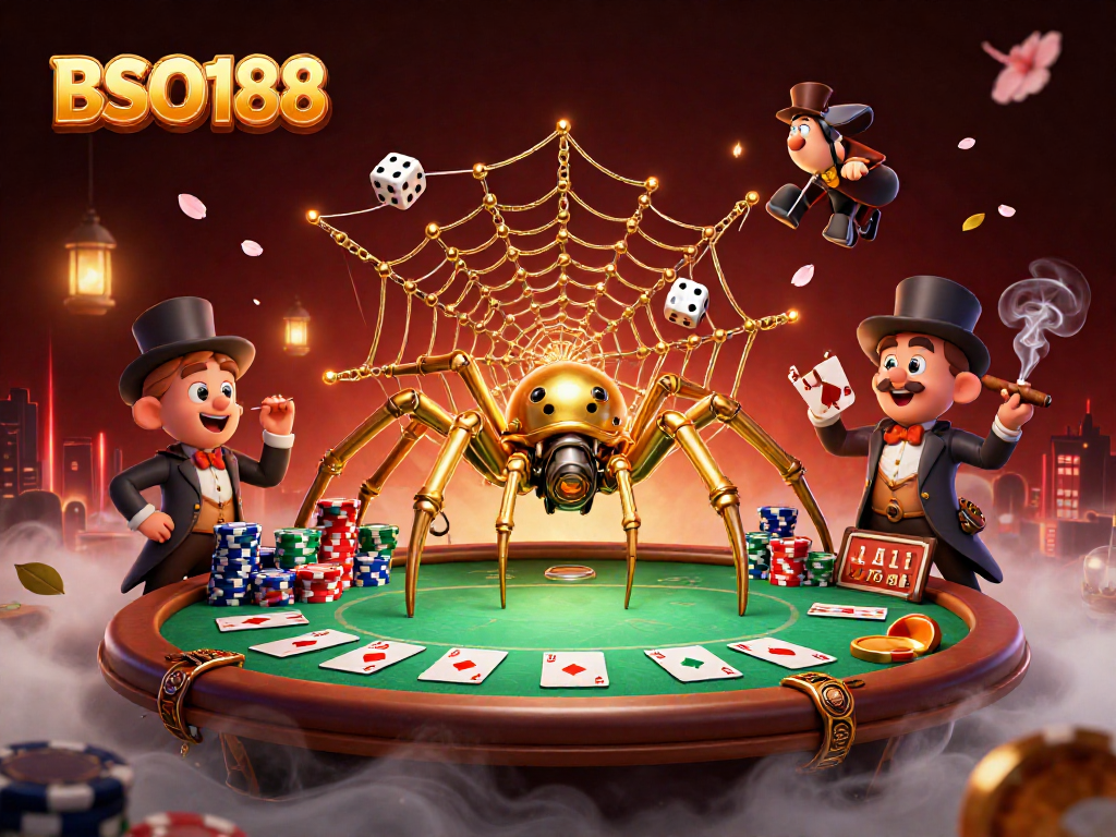 Engage with BSO188 at a vibrant steampunk casino scene featuring golden spider webs and poker chips.