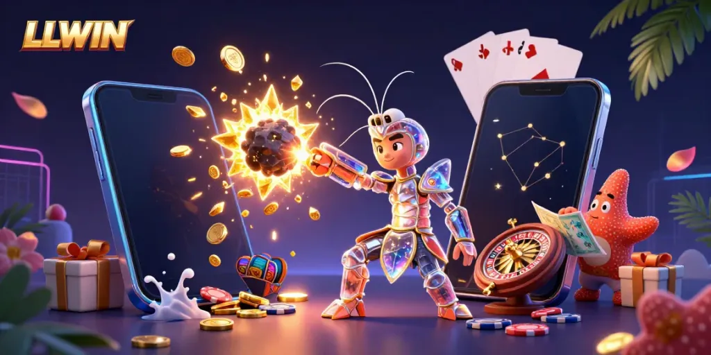 LLWIN showcases a vibrant 3D galaxy scene with mantis shrimp and slot games, capturing thrilling casino action.