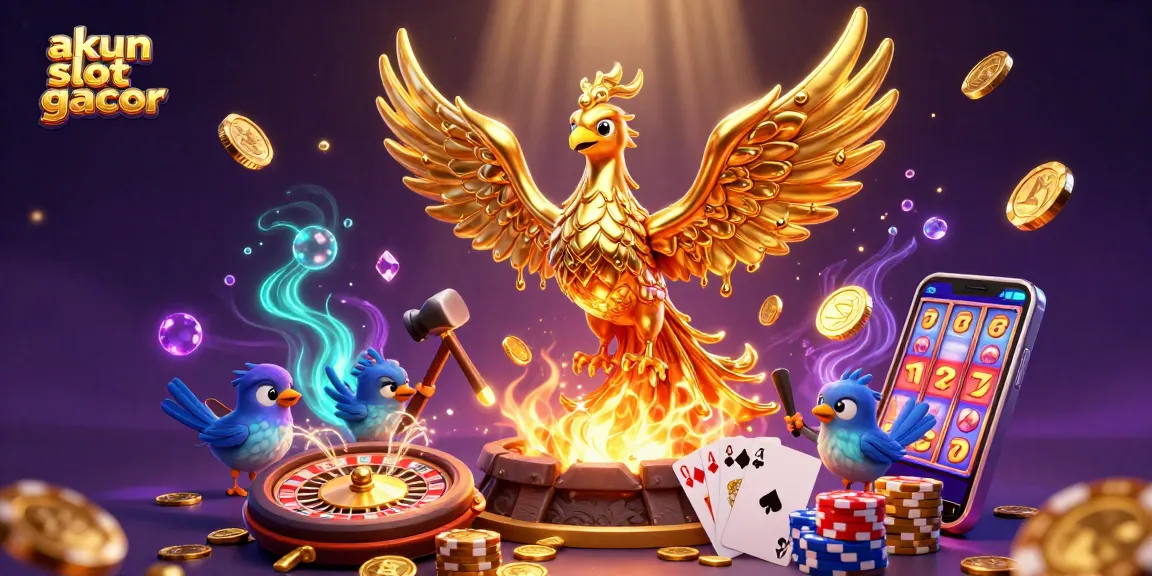 Spin to win with akun slot gacor featuring a stunning 3D phoenix surrounded by gold coins and casino elements.