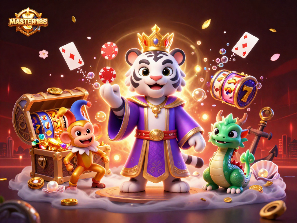 Play poker with MASTER188's vibrant characters, an elegant tiger and juggling monkey, amidst dynamic casino elements.