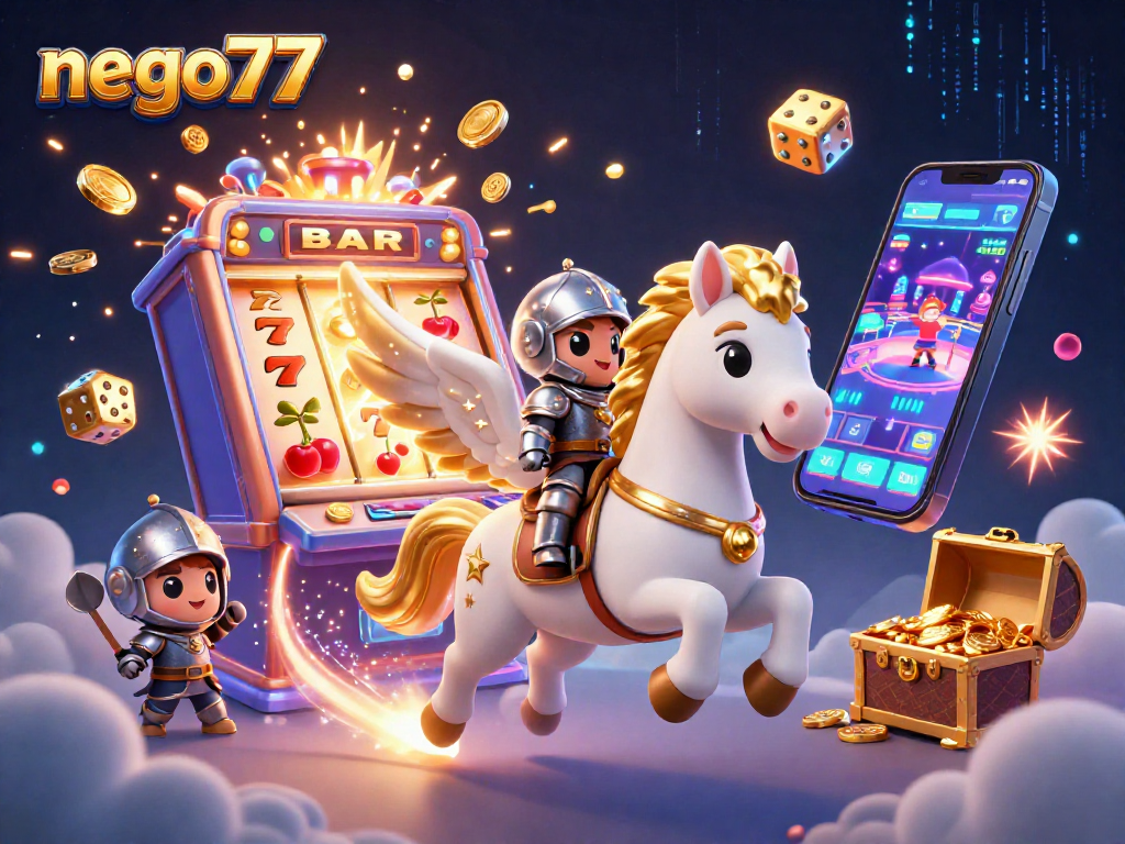 Experience the exciting world of gambling with nego77, featuring a dynamic 3D scene filled with casino elements and characters.