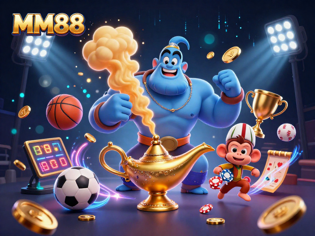 Experience the excitement of MM88 online casino with dynamic illustrations featuring our magical genie, sports elements, and rich visuals.