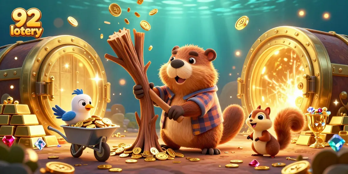 Engage with 92 lotery excitement as a cartoon beaver chops trees raining gold coins in a vibrant casino scene.