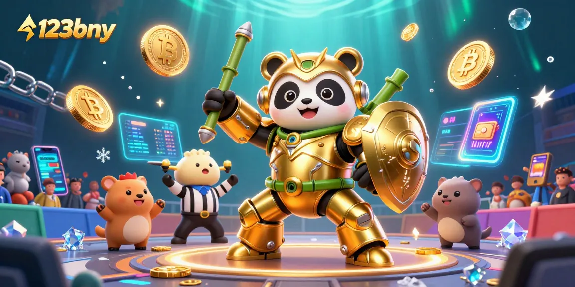 Engage in thrilling 123bny experiences with a golden panda mech-suit in a dynamic casino arena.