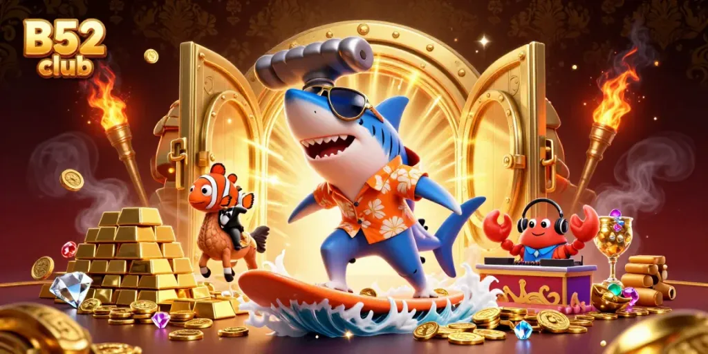 Experience excitement at B52 club with a vibrant scene of a playful shark and friends surrounded by gold coins.