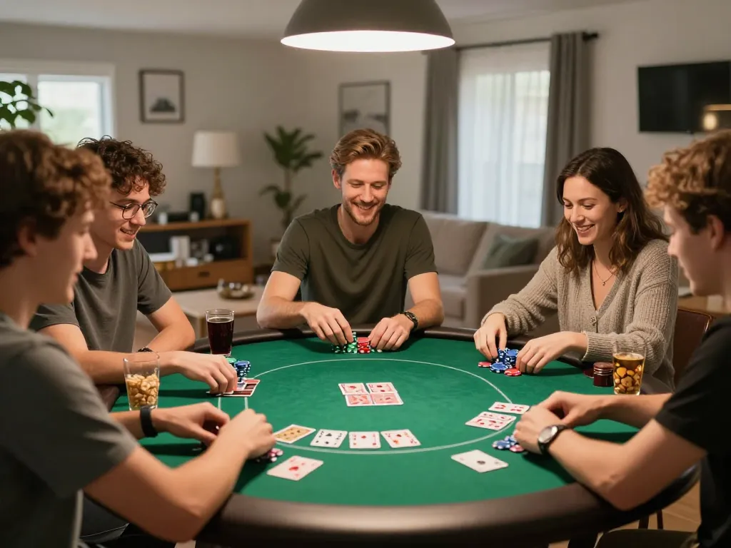 Friends enjoying poker night at home, showcasing fishersupermarket's casual gambling vibe.