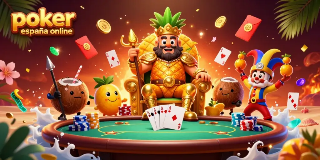 Juega al póker en línea en España con el rey piña en un casino vibrante y colorido.