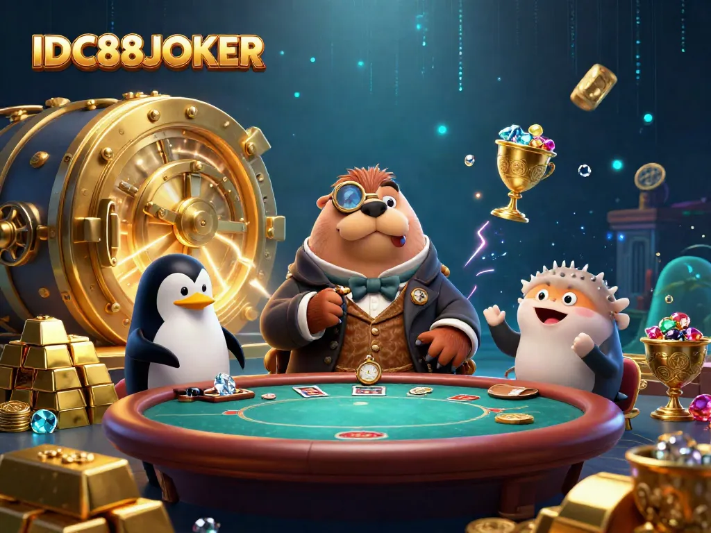 A whimsical underwater poker scene featuring IDC88JOKER with a walrus and other characters, showcasing gems and treasures.