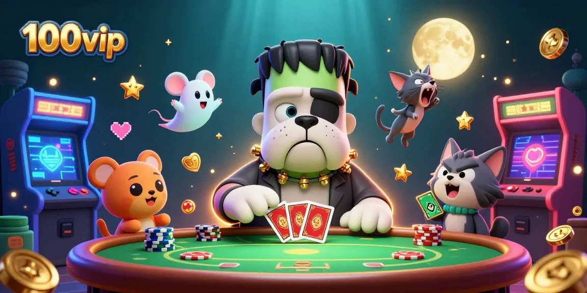 Experience thrilling poker action at 100vip with a cartoon Frankenstein dealer in a casino setting.