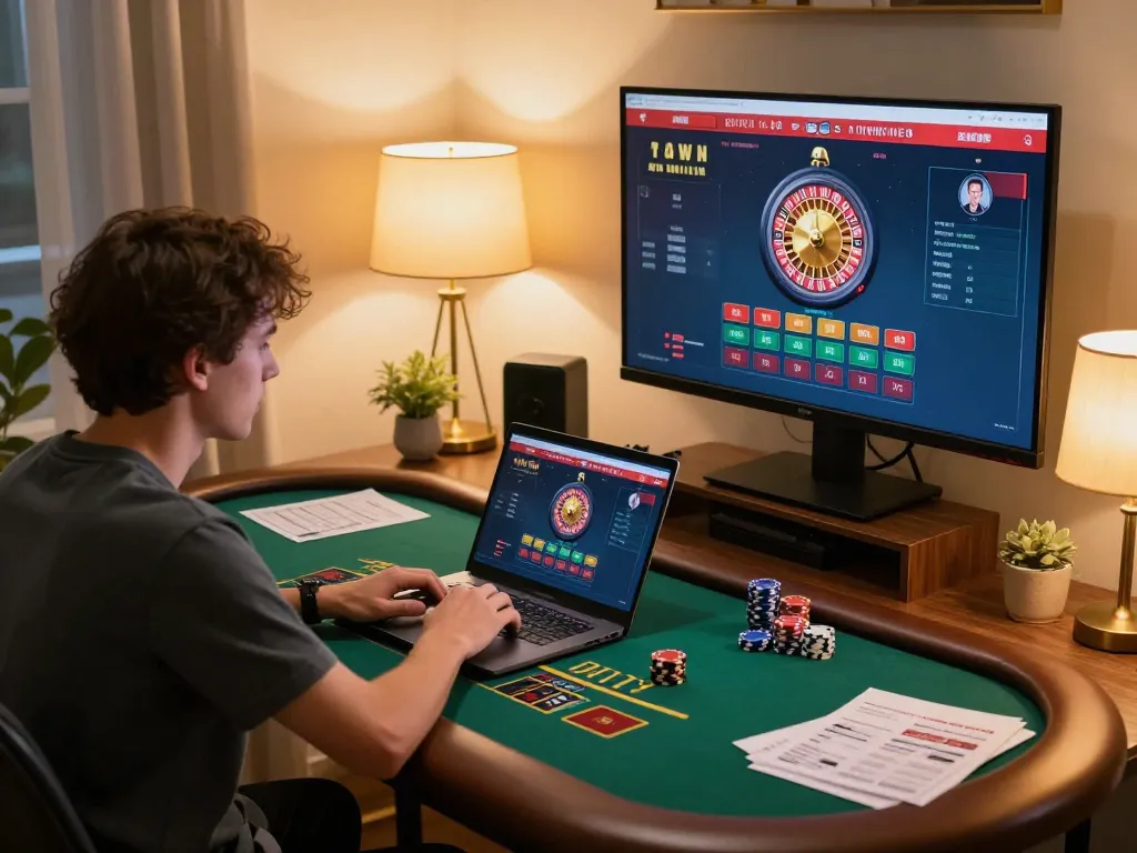 rr88 player engaging in live dealer blackjack from a cozy home office, emphasizing strategic gameplay.