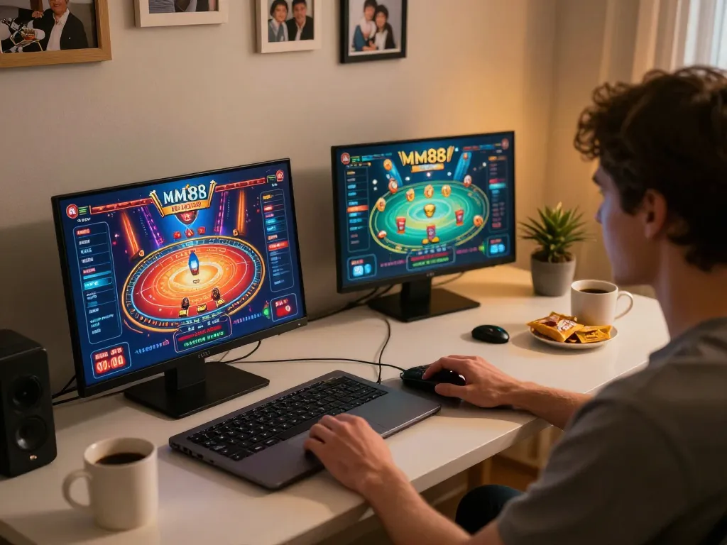 Play at MM88 casino with engaging online gaming setup, warm home atmosphere, and strategic gameplay