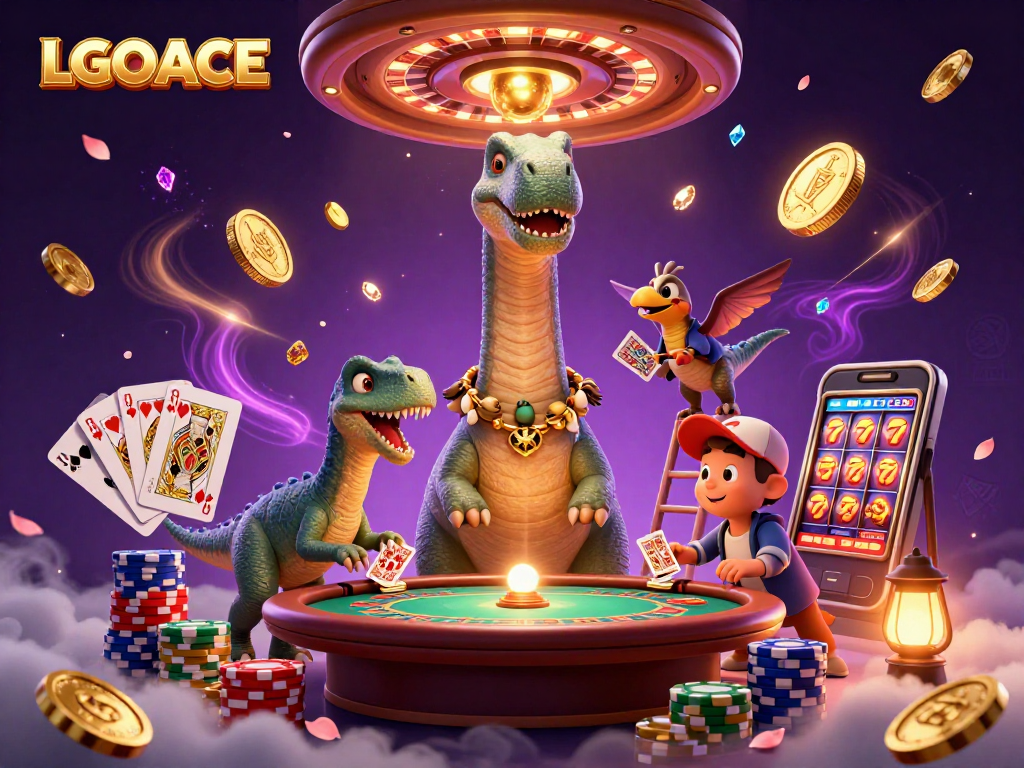 LGOACE casino promotional illustration featuring a dinosaur dealer amidst swirling casino elements.